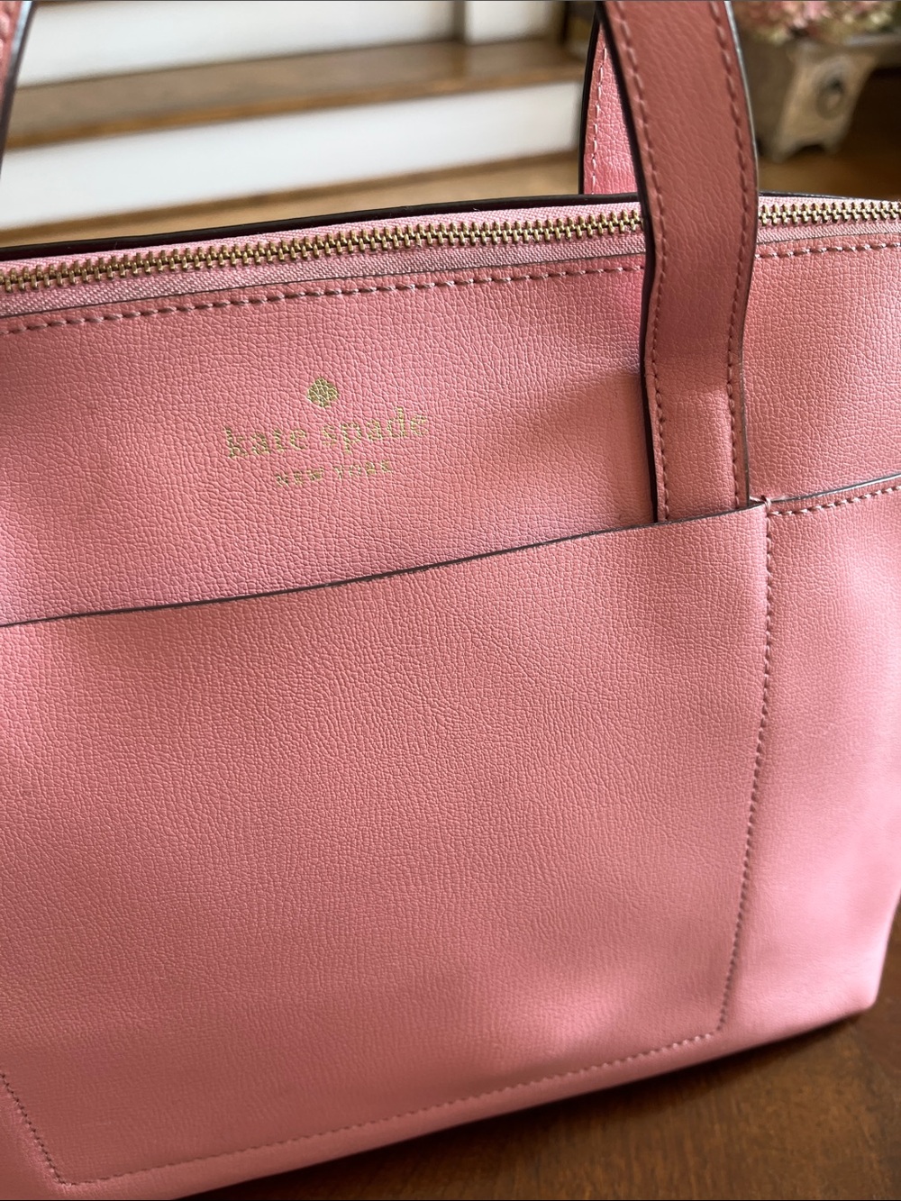 kate spade Pink Leather Top-Zip Tote with Front Pocket